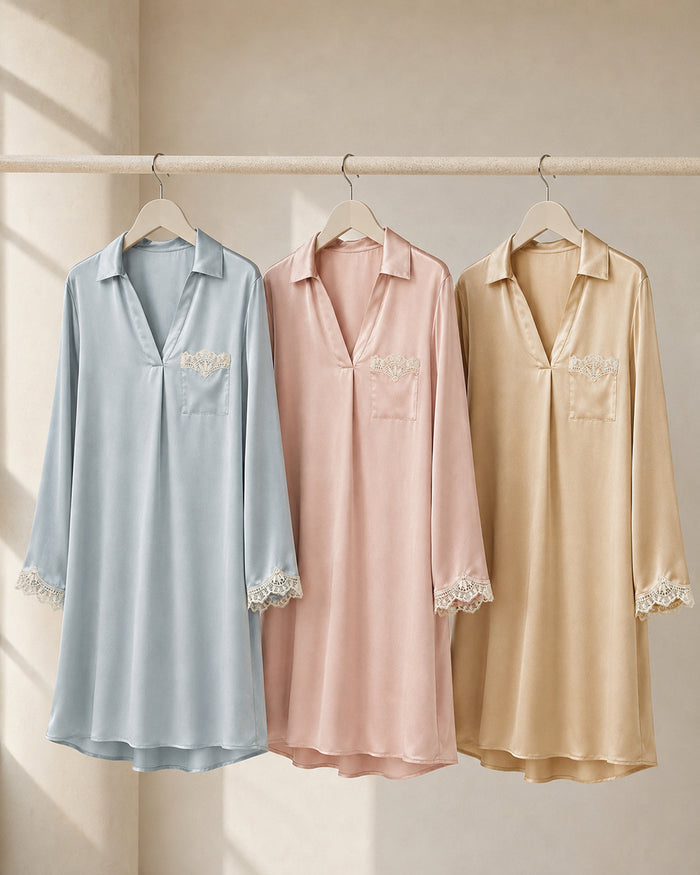 VELSÉE Amélie Silk Nightshirt – Long-Sleeve Collared Sleep Shirt