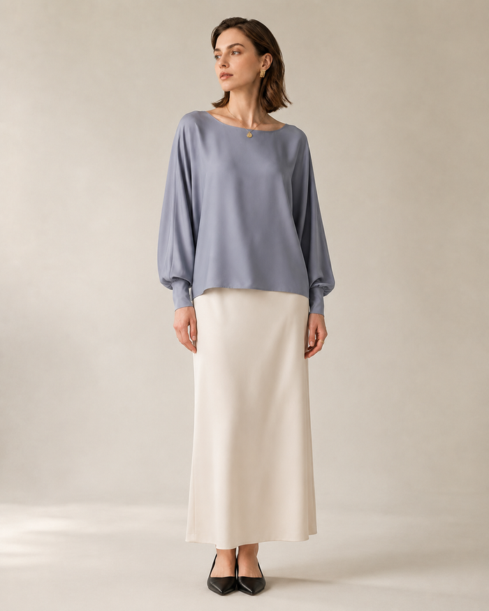 VELSÉE Batwing Silk Blouse – Relaxed Boat-Neck Long Sleeve
