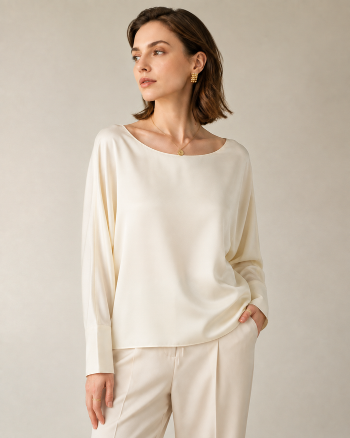 VELSÉE Batwing Silk Blouse – Relaxed Boat-Neck Long Sleeve