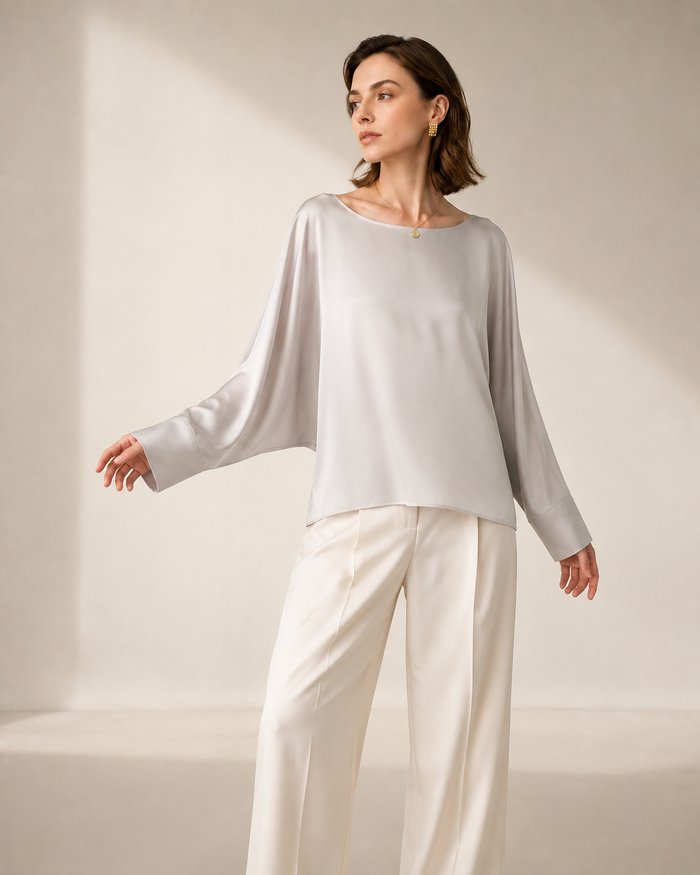 VELSÉE Batwing Silk Blouse – Relaxed Boat-Neck Long Sleeve
