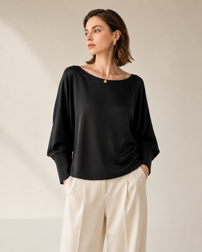 VELSÉE Batwing Silk Blouse – Relaxed Boat-Neck Long Sleeve