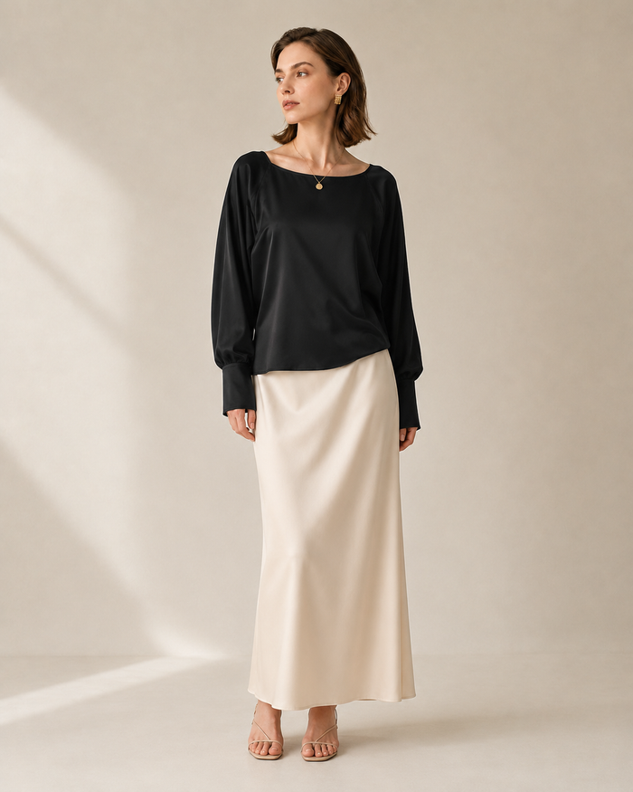 VELSÉE Batwing Silk Blouse – Relaxed Boat-Neck Long Sleeve