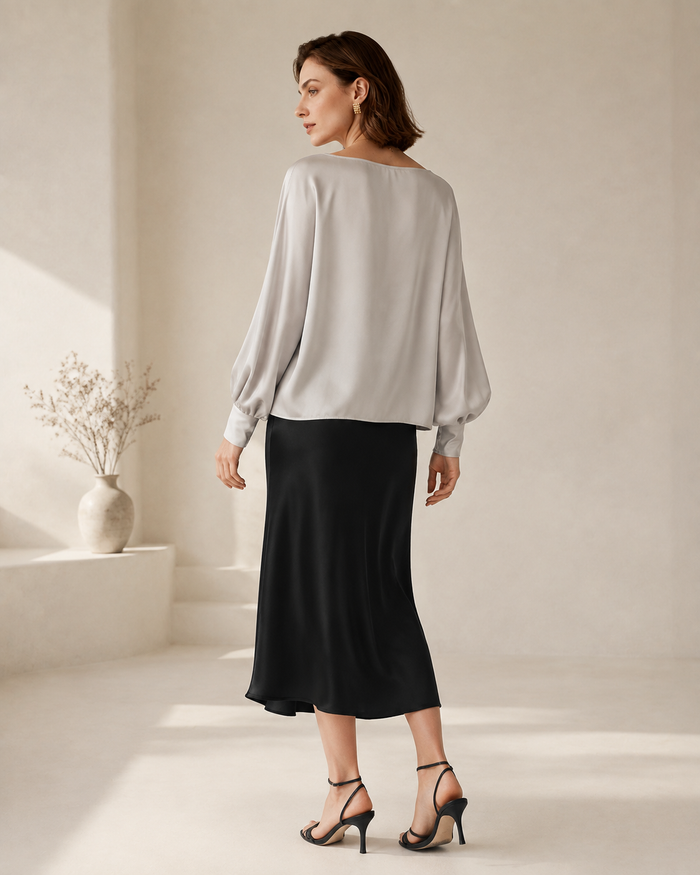 VELSÉE Batwing Silk Blouse – Relaxed Boat-Neck Long Sleeve