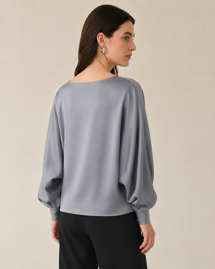 VELSÉE Batwing Silk Blouse – Relaxed Boat-Neck Long Sleeve