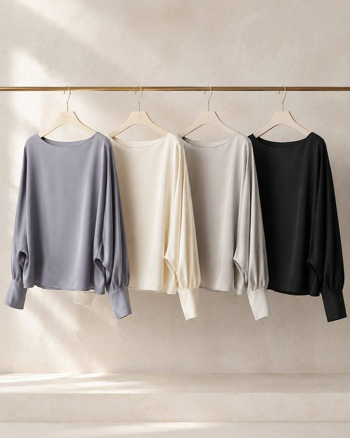 VELSÉE Batwing Silk Blouse – Relaxed Boat-Neck Long Sleeve