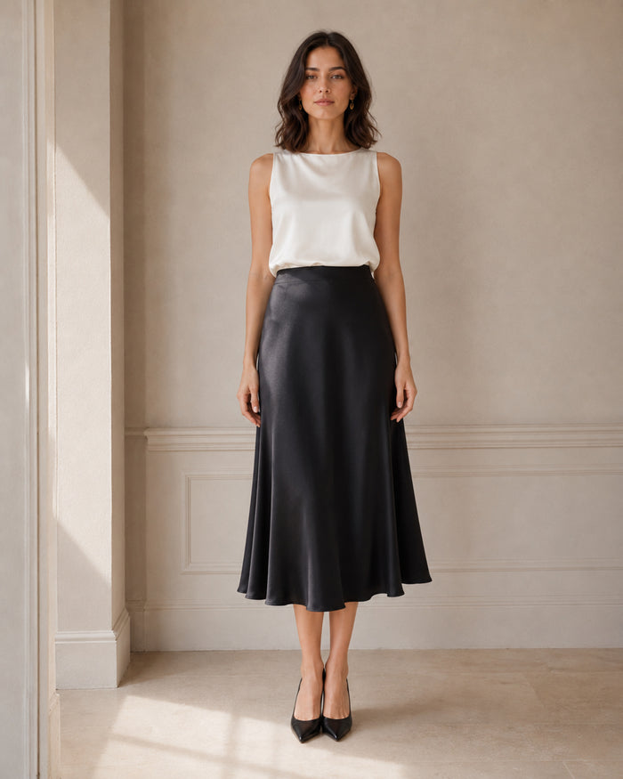 VELSÉE Bias-Cut Silk Midi Skirt – High-Waist A-Line Satin