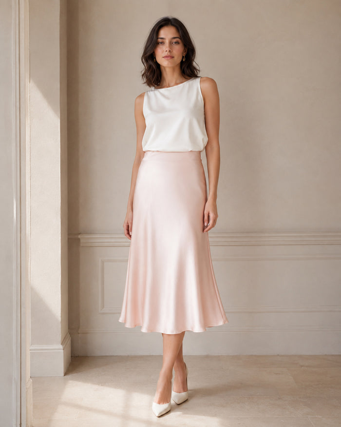 VELSÉE Bias-Cut Silk Midi Skirt – High-Waist A-Line Satin