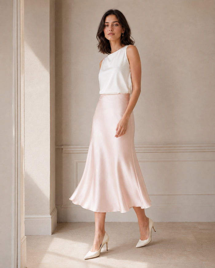 VELSÉE Bias-Cut Silk Midi Skirt – High-Waist A-Line Satin