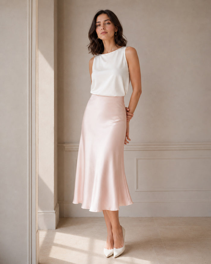 VELSÉE Bias-Cut Silk Midi Skirt – High-Waist A-Line Satin