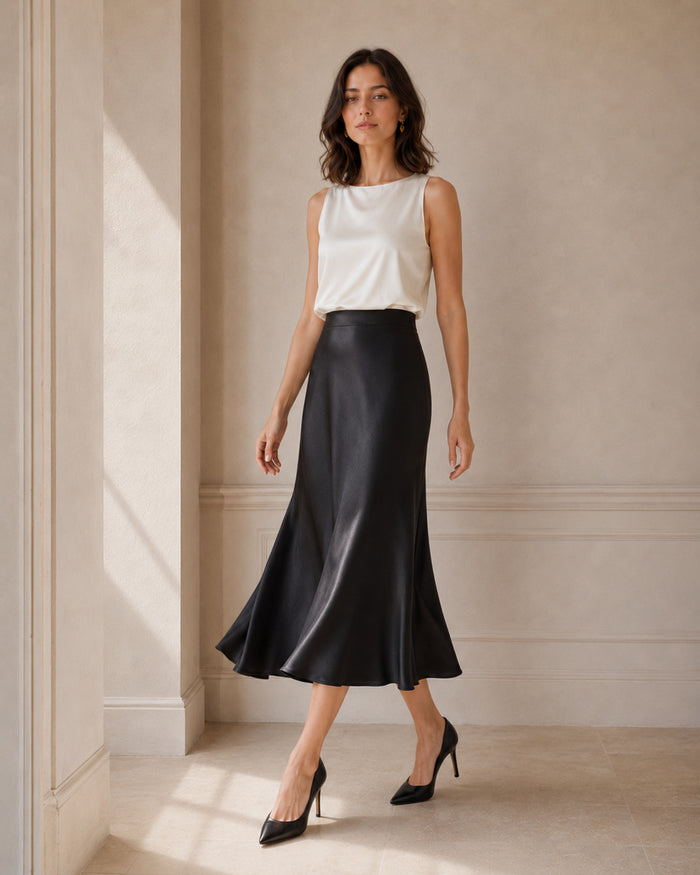 VELSÉE Bias-Cut Silk Midi Skirt – High-Waist A-Line Satin