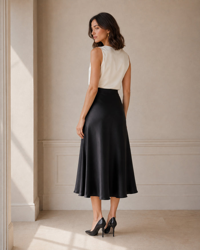 VELSÉE Bias-Cut Silk Midi Skirt – High-Waist A-Line Satin