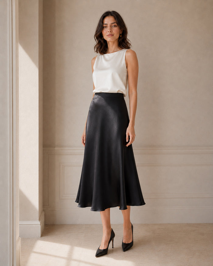 VELSÉE Bias-Cut Silk Midi Skirt – High-Waist A-Line Satin