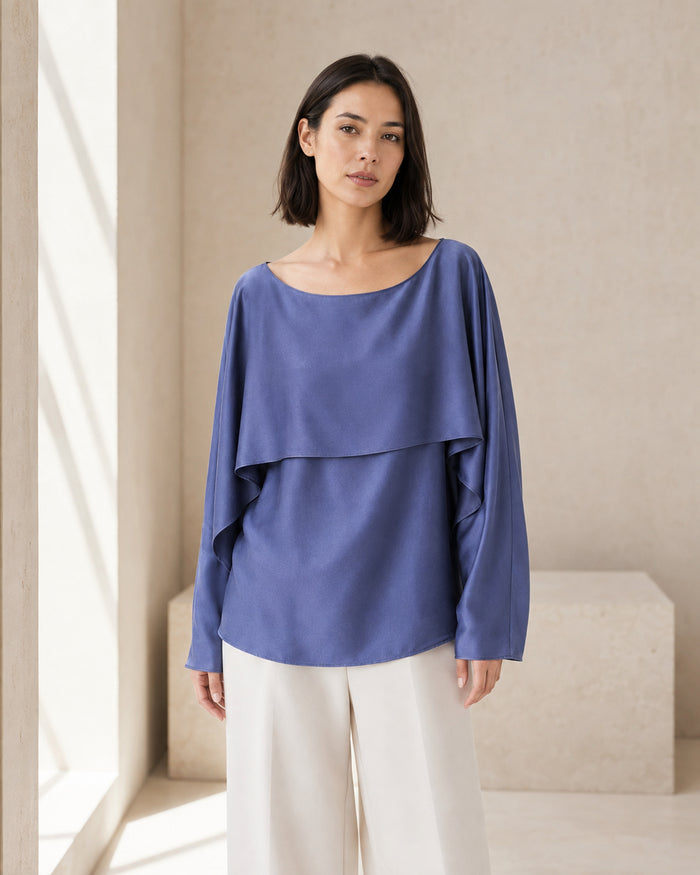 VELSÉE Celeste 100% Mulberry Silk Cape Blouse – Women’s Boat-Neck Batwing-Sleeve Layered Top