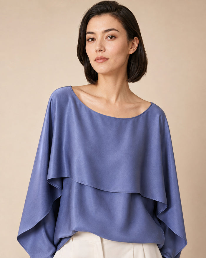 VELSÉE Celeste 100% Mulberry Silk Cape Blouse – Women’s Boat-Neck Batwing-Sleeve Layered Top