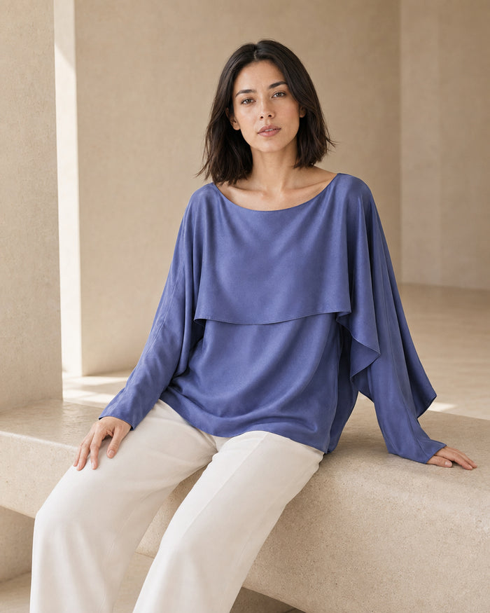 VELSÉE Celeste 100% Mulberry Silk Cape Blouse – Women’s Boat-Neck Batwing-Sleeve Layered Top