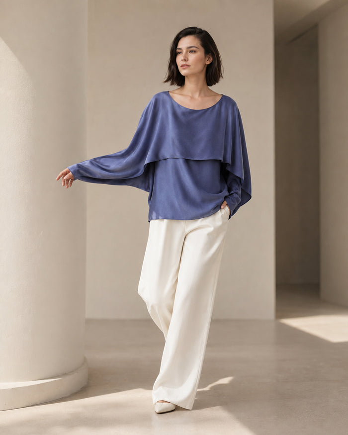 VELSÉE Celeste 100% Mulberry Silk Cape Blouse – Women’s Boat-Neck Batwing-Sleeve Layered Top
