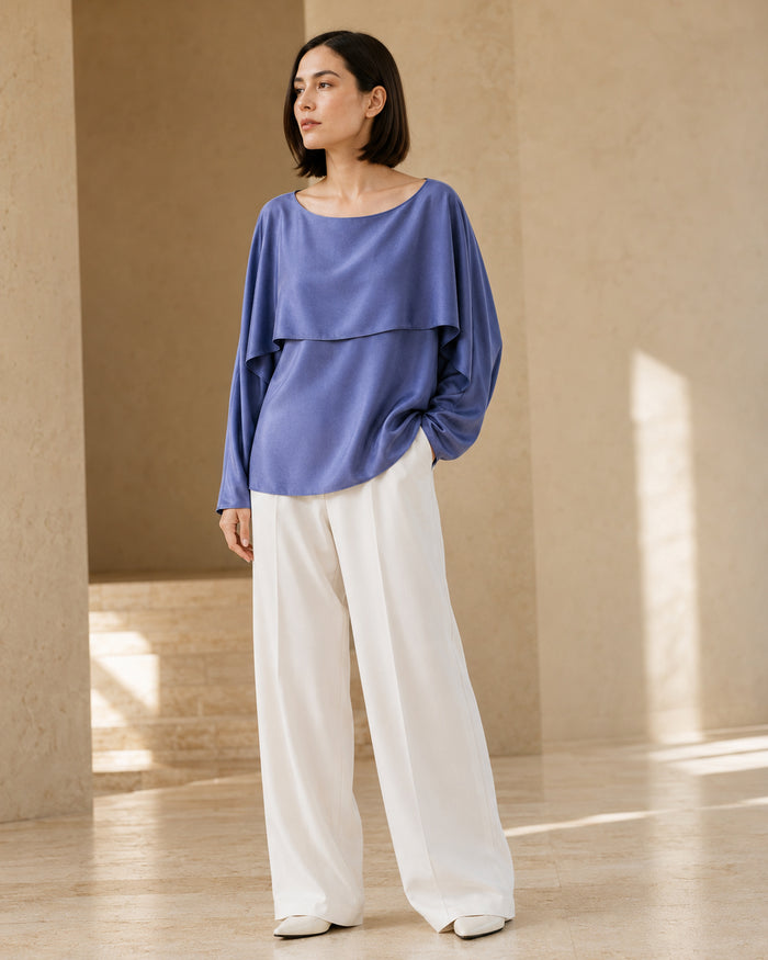 VELSÉE Celeste 100% Mulberry Silk Cape Blouse – Women’s Boat-Neck Batwing-Sleeve Layered Top