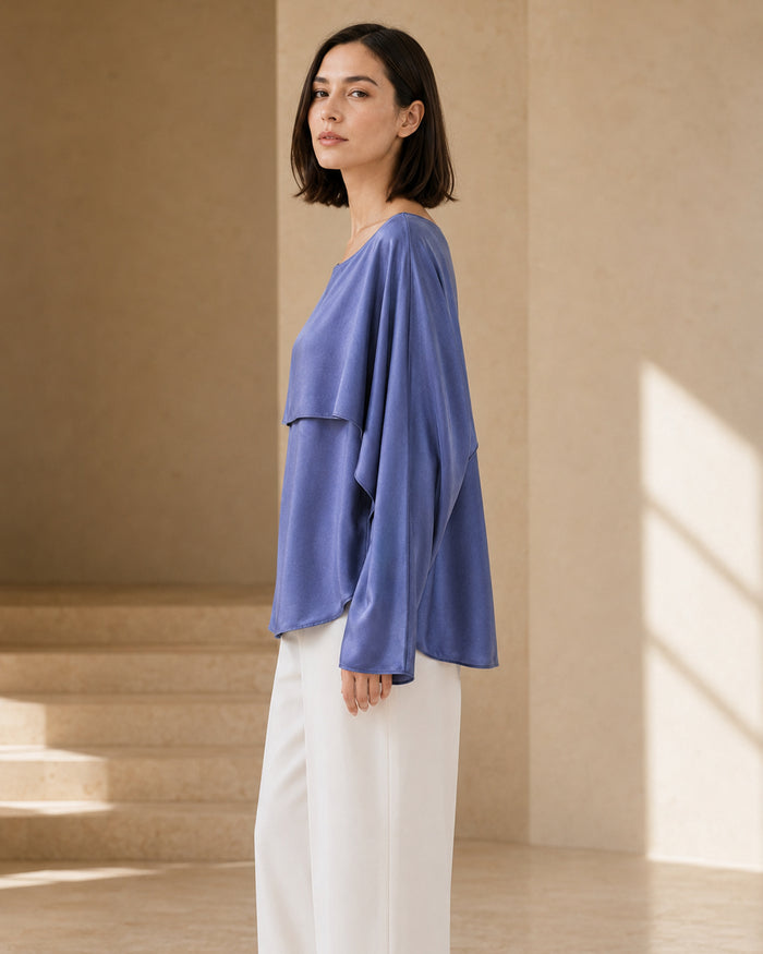 VELSÉE Celeste 100% Mulberry Silk Cape Blouse – Women’s Boat-Neck Batwing-Sleeve Layered Top