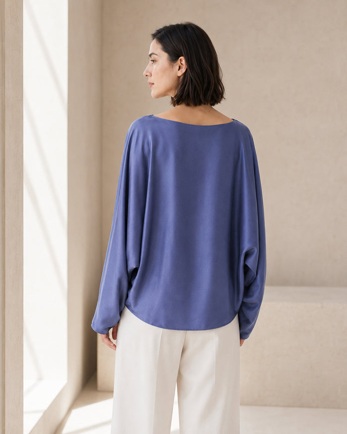 VELSÉE Celeste 100% Mulberry Silk Cape Blouse – Women’s Boat-Neck Batwing-Sleeve Layered Top