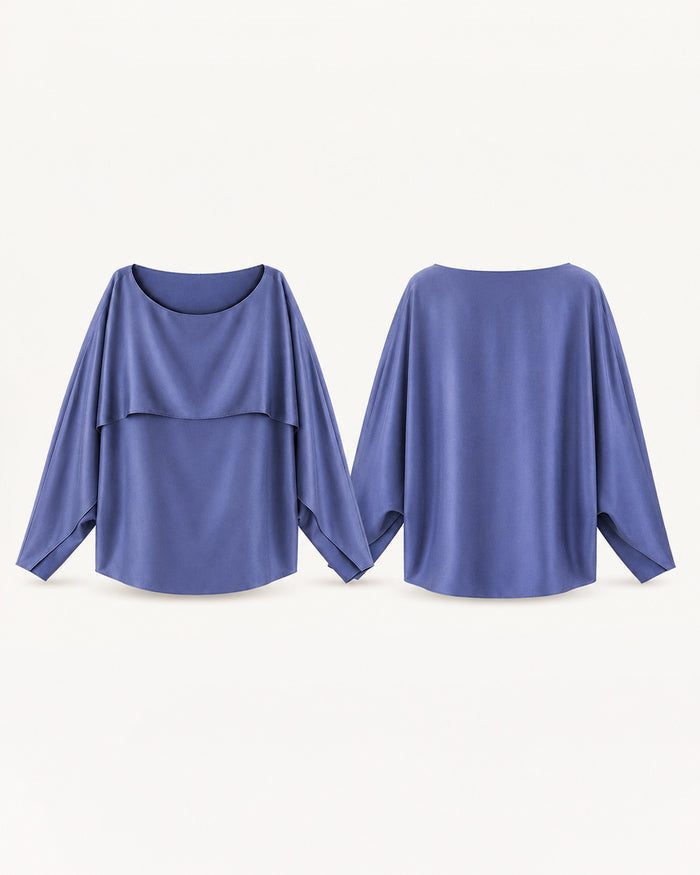 VELSÉE Celeste 100% Mulberry Silk Cape Blouse – Women’s Boat-Neck Batwing-Sleeve Layered Top