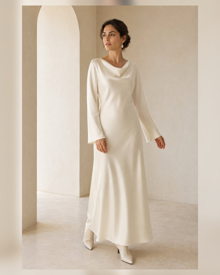 VELSÉE Élan Ivory 100% Mulberry Silk Cowl-Neck Backless Maxi Dress – Women’s Long Bell-Sleeve Evening Gown