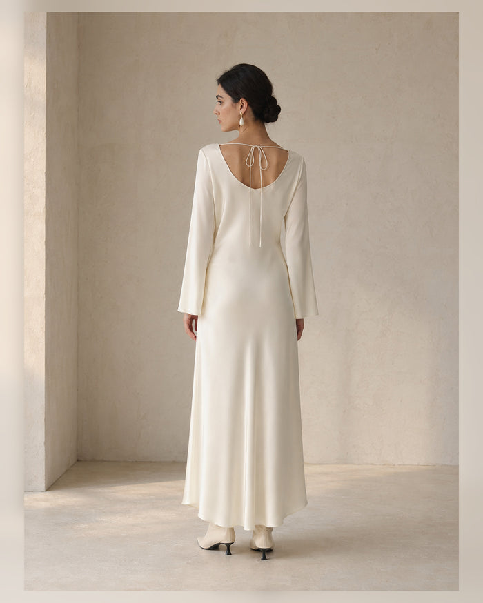 VELSÉE Élan Ivory 100% Mulberry Silk Cowl-Neck Backless Maxi Dress – Women’s Long Bell-Sleeve Evening Gown