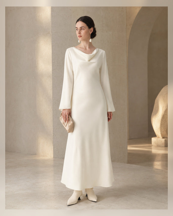 VELSÉE Élan Ivory 100% Mulberry Silk Cowl-Neck Backless Maxi Dress – Women’s Long Bell-Sleeve Evening Gown