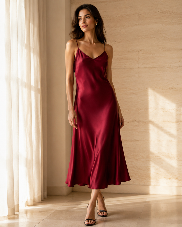 VELSÉE Élan Silk Slip Dress – V-Neck Midi, Sizes M to 3XL
