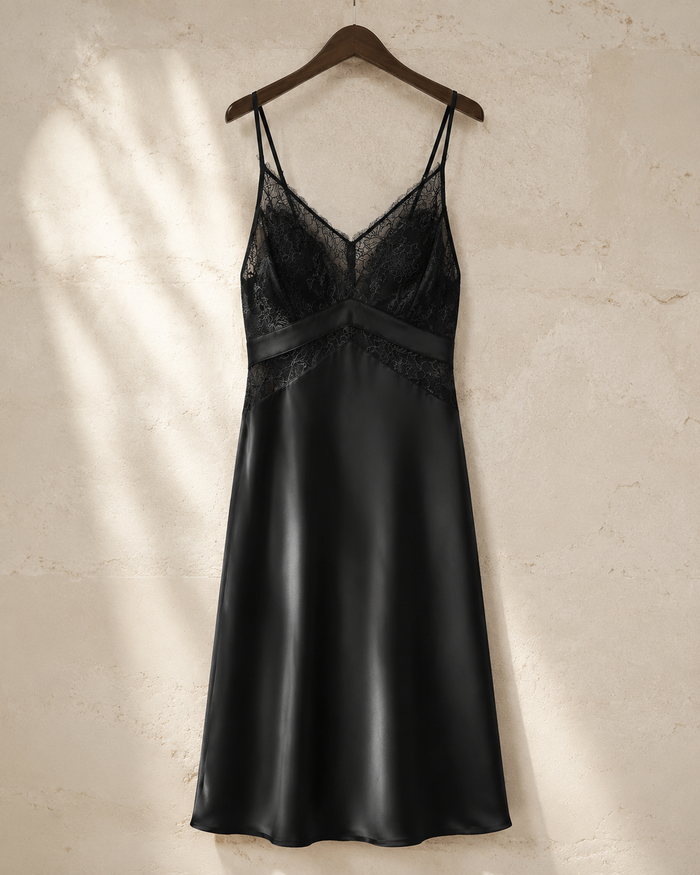 VELSÉE Lace Silk Nightgown – Sleeveless V-Neck with Built-In Cups