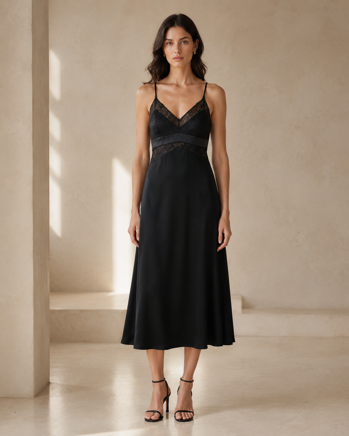 VELSÉE Lace Silk Nightgown – Sleeveless V-Neck with Built-In Cups