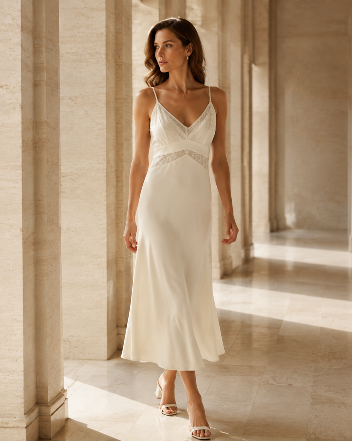 VELSÉE Lace Silk Nightgown – Sleeveless V-Neck with Built-In Cups