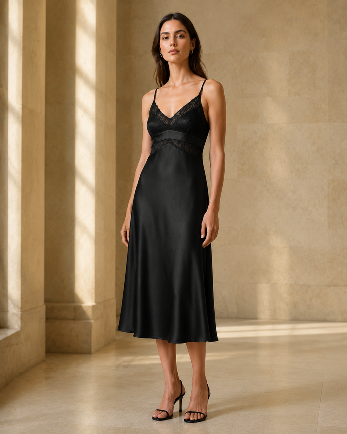 VELSÉE Lace Silk Nightgown – Sleeveless V-Neck with Built-In Cups