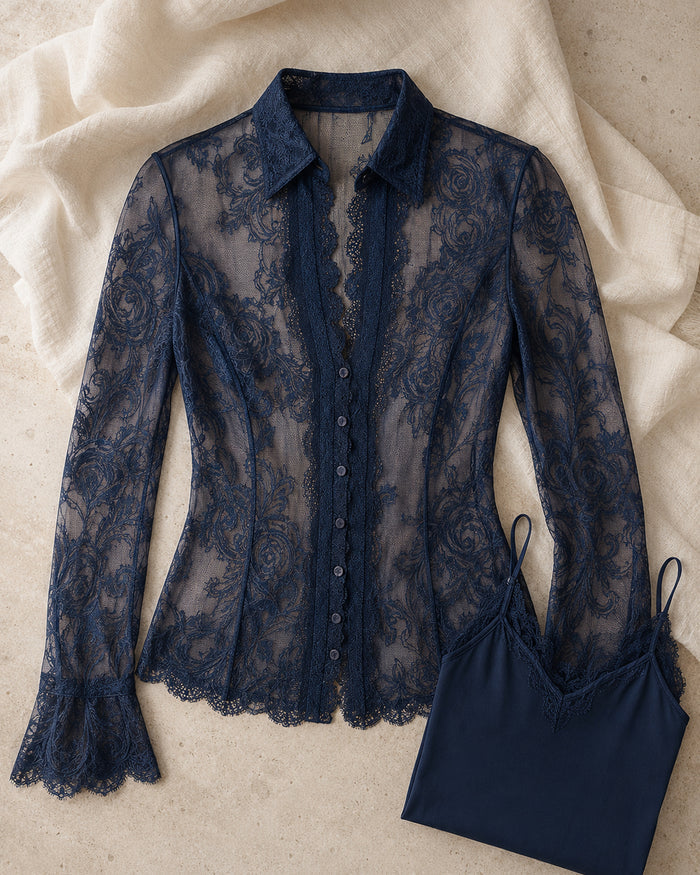 VELSÉE Navy Floral Lace Blouse – Silk Button-Front, S to 3XL