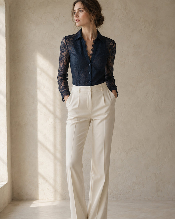 VELSÉE Navy Floral Lace Blouse – Silk Button-Front, S to 3XL