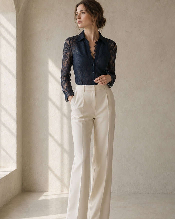 VELSÉE Navy Floral Lace Blouse – Silk Button-Front, S to 3XL