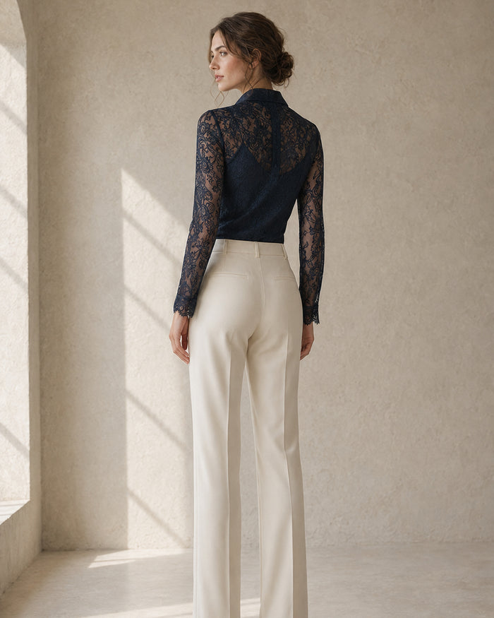 VELSÉE Navy Floral Lace Blouse – Silk Button-Front, S to 3XL