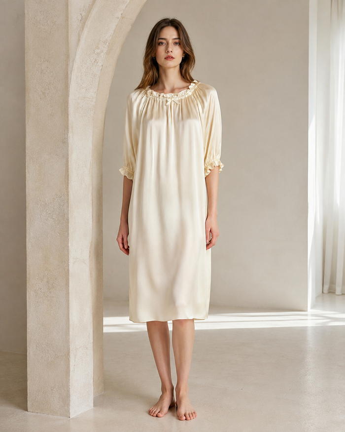 VELSÉE Ruffle-Neck Silk Nightgown – 3/4 Sleeve Sleep Dress
