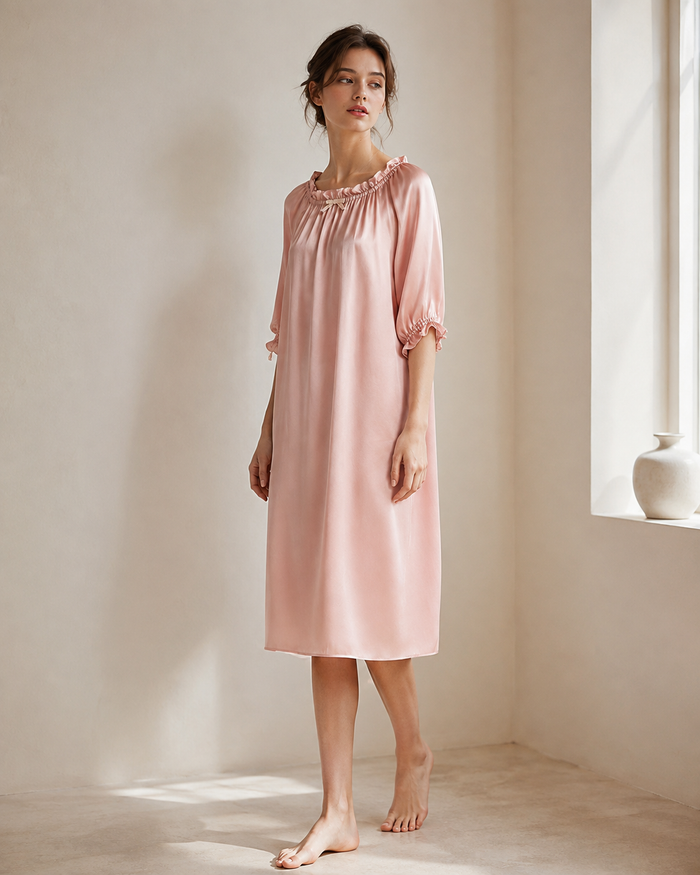 VELSÉE Ruffle-Neck Silk Nightgown – 3/4 Sleeve Sleep Dress