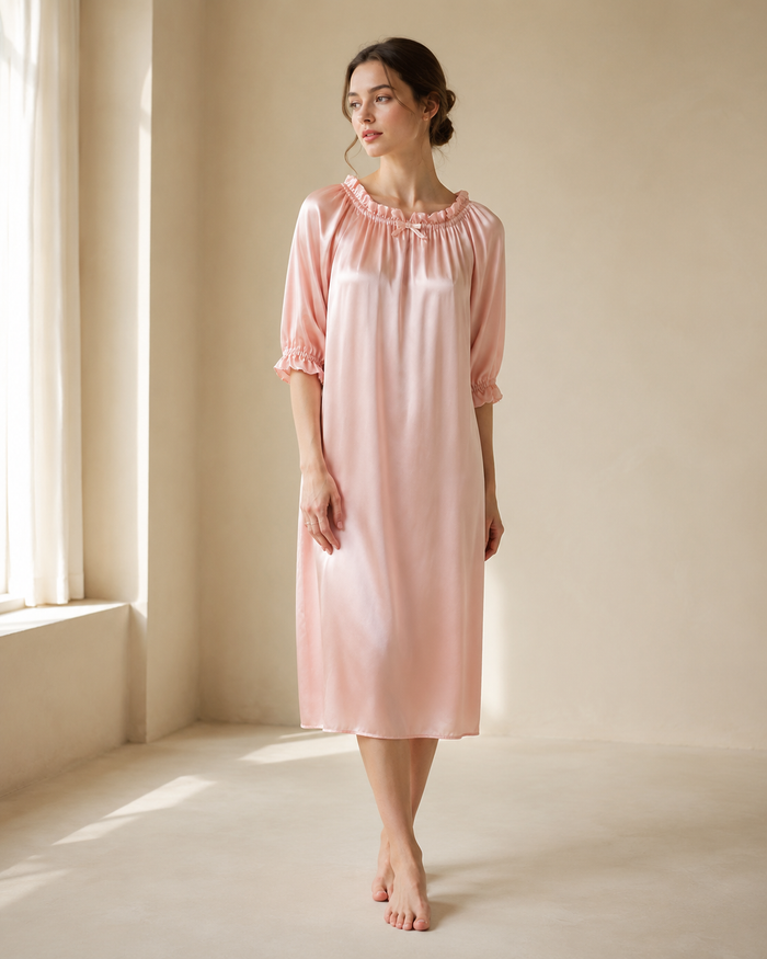 VELSÉE Ruffle-Neck Silk Nightgown – 3/4 Sleeve Sleep Dress
