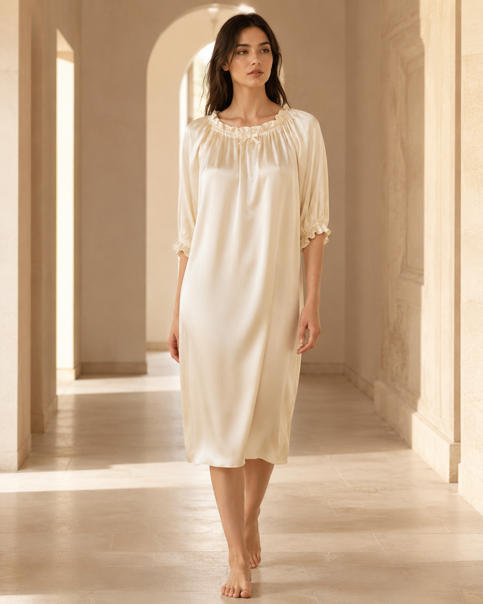 VELSÉE Ruffle-Neck Silk Nightgown – 3/4 Sleeve Sleep Dress