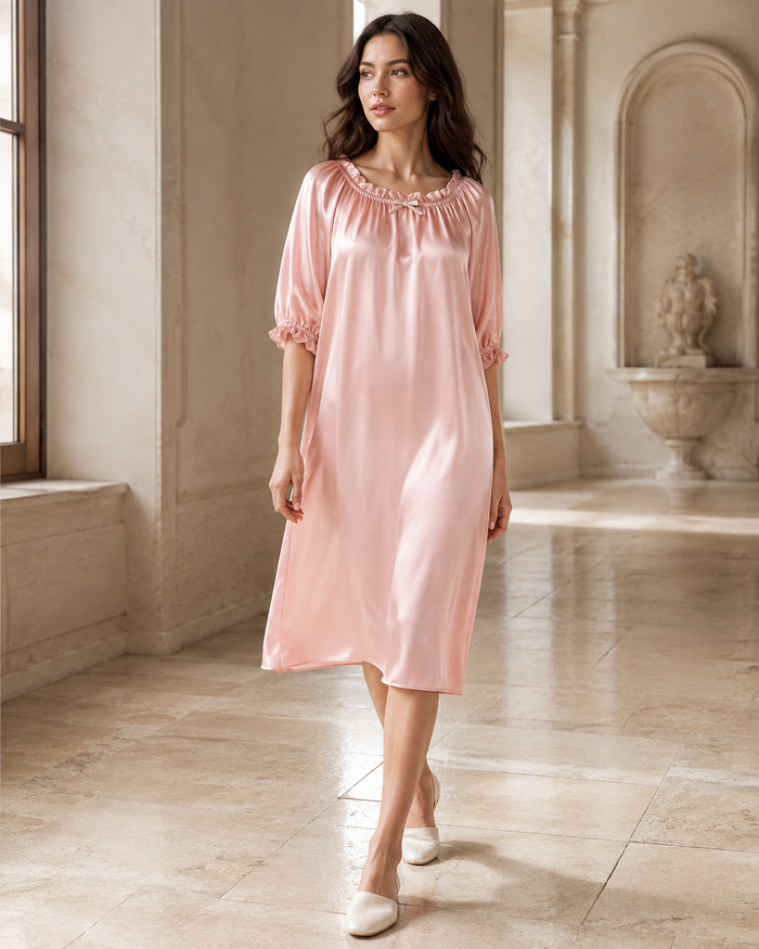 VELSÉE Ruffle-Neck Silk Nightgown – 3/4 Sleeve Sleep Dress