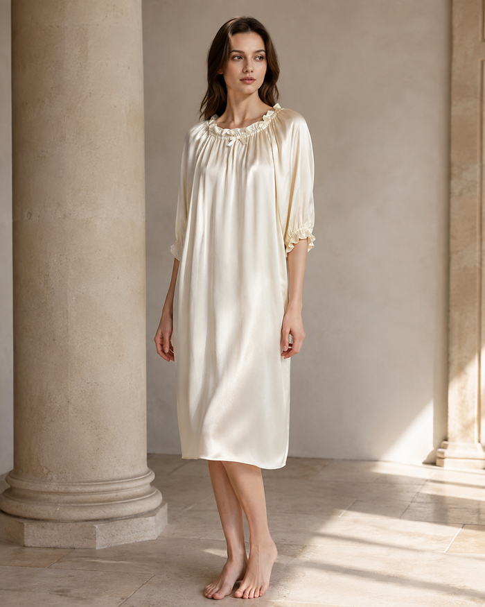 VELSÉE Ruffle-Neck Silk Nightgown – 3/4 Sleeve Sleep Dress