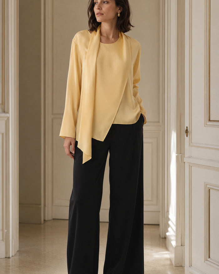 VELSÉE Scarf-Neck Silk Blouse – Asymmetric Draped Long Sleeve