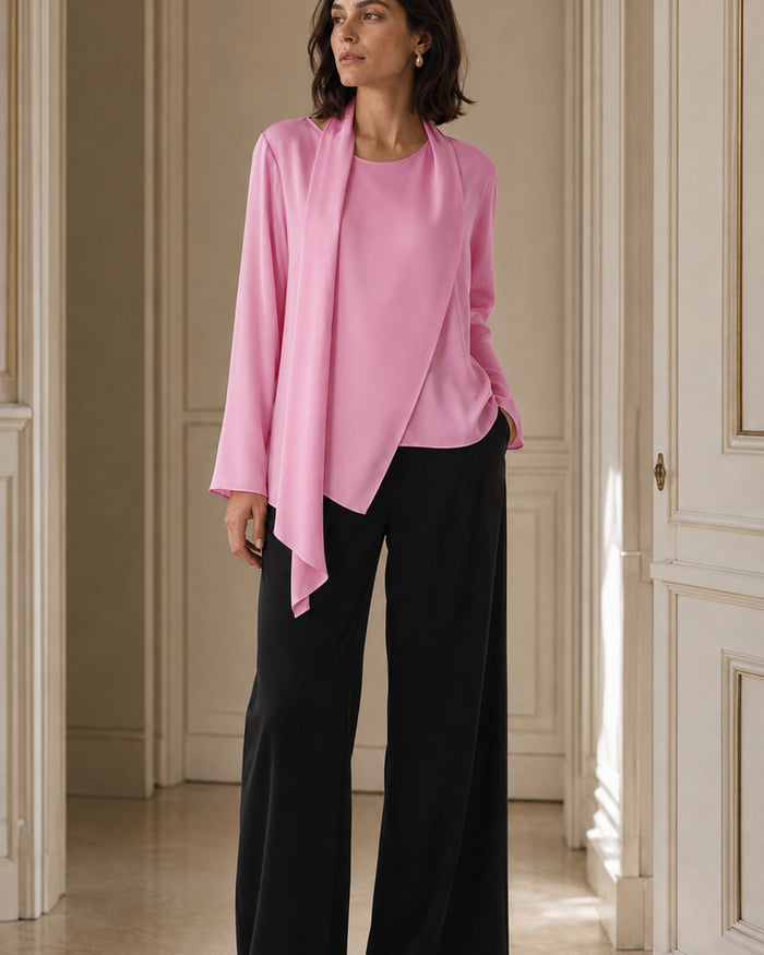 VELSÉE Scarf-Neck Silk Blouse – Asymmetric Draped Long Sleeve