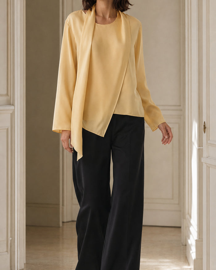 VELSÉE Scarf-Neck Silk Blouse – Asymmetric Draped Long Sleeve