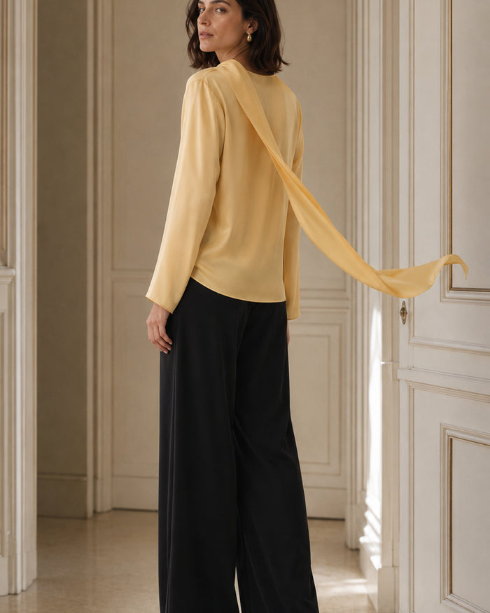 VELSÉE Scarf-Neck Silk Blouse – Asymmetric Draped Long Sleeve