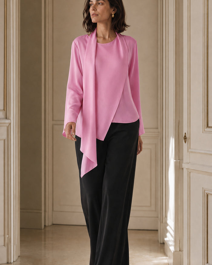 VELSÉE Scarf-Neck Silk Blouse – Asymmetric Draped Long Sleeve
