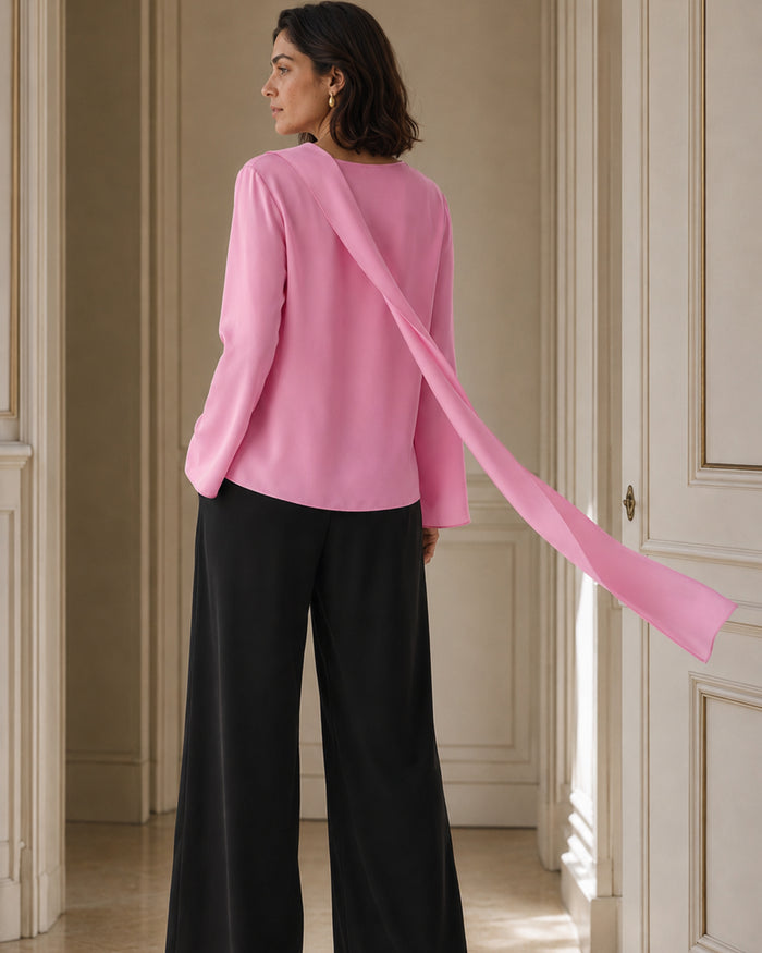 VELSÉE Scarf-Neck Silk Blouse – Asymmetric Draped Long Sleeve