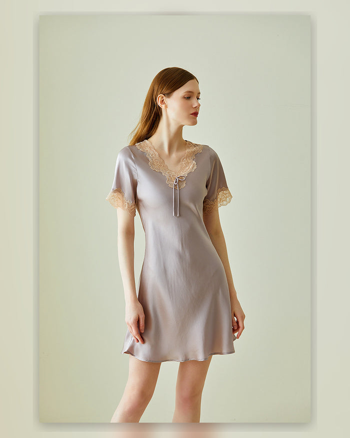 VELSÉE Short-Sleeve Silk Nightgown – 16 Momme Lace Trim