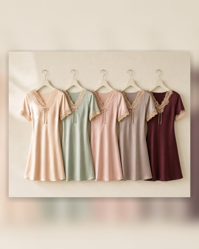VELSÉE Short-Sleeve Silk Nightgown – 16 Momme Lace Trim